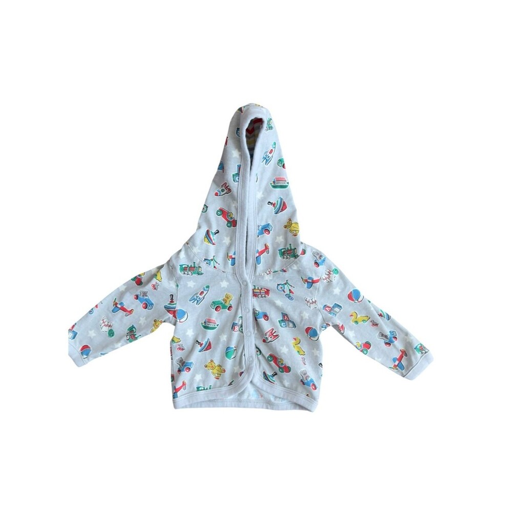 Cath Kidston Baby Colorful Toy Print Hooded Snap Front Sweatshirt. 0-3 Months.